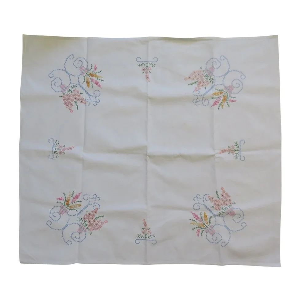 Vintage Hand Embroidered Floral Cross Stitch White Tablecloth‎ Pastels 29